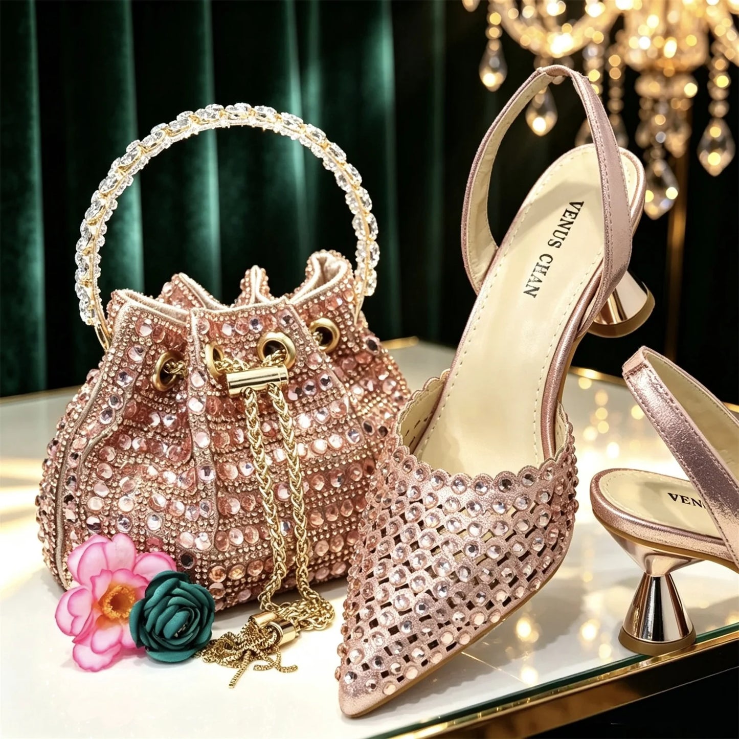 Multicolor Rhinestone Heels & Bag Set | Crystal Pointed Slingback Pumps, Women Wedding Bridal Evening Party Matching Shoes Handb