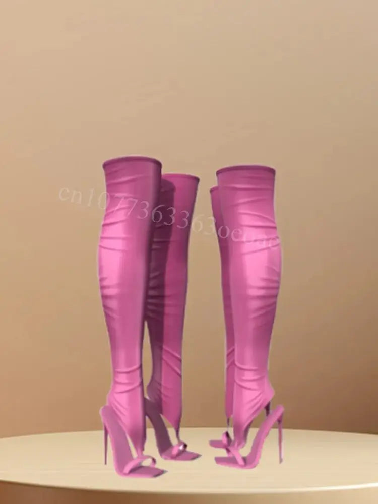 Sexy Pink Sandals Boots Silk Thigh High Open Toe Shoes for Women Thin High Heels Fashion Shoes 2025 Zapatos Para Mujere