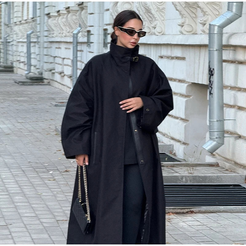 Women Black Long Solid Color Trench Coat Stand Collar Loose Drop Shoulder Single-breasted Windbreaker Lady Commute Outing Wear