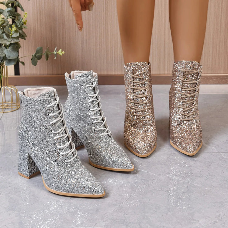 Elegant Women Ankle Boots Winter Lace Up Comfortable Fashion Mid Calf Boots Women Large Size Sexy Luxury High Heels Shoes Women