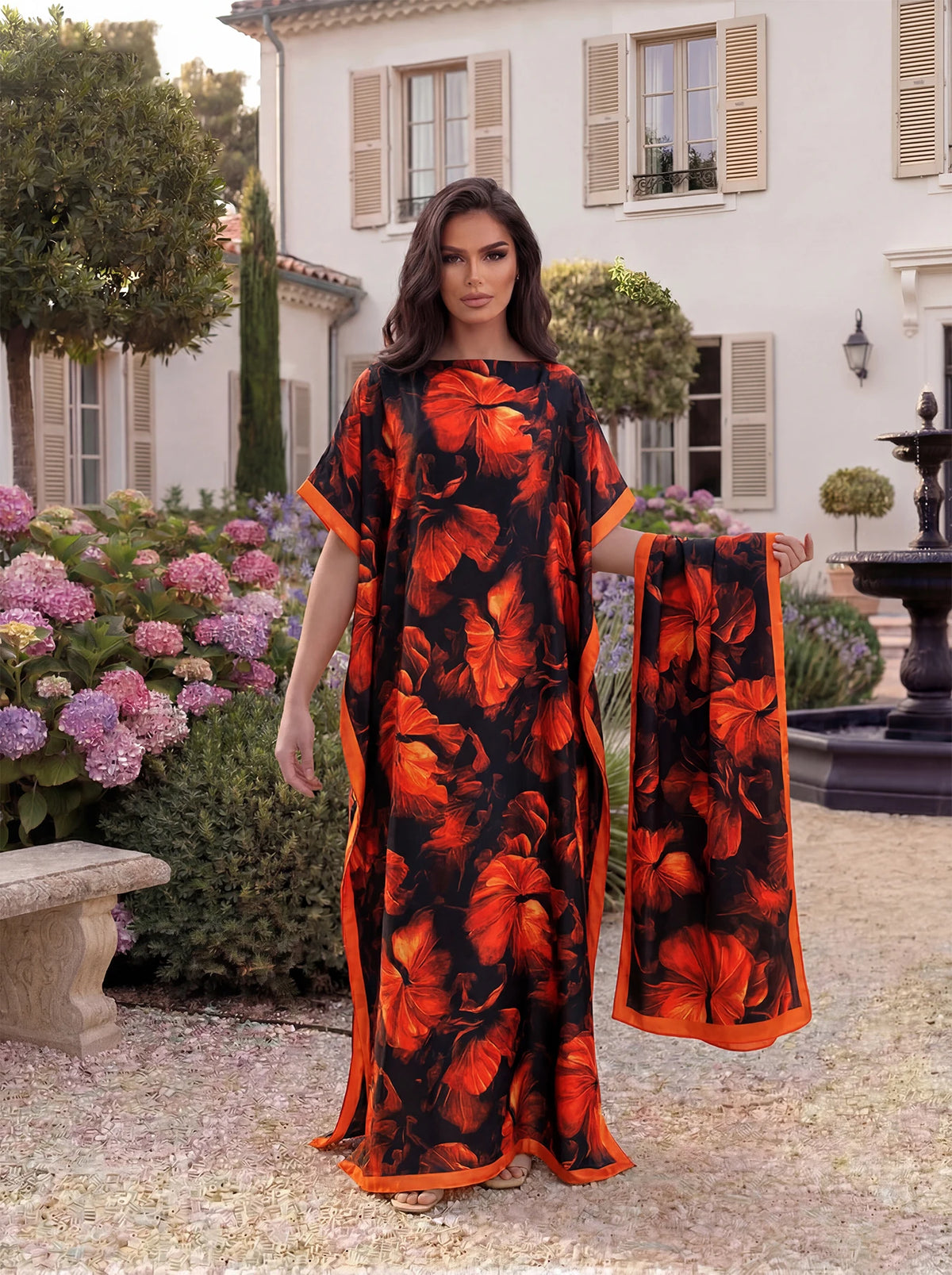 Boho Large Leaf Floral Print Satin Abaya Scarf Set, Loose Batwing Maxi Kaftan For Muslim Women Summer Beach Daily Holiday Wear