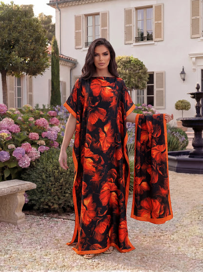 Boho Large Leaf Floral Print Satin Abaya Scarf Set, Loose Batwing Maxi Kaftan For Muslim Women Summer Beach Daily Holiday Wear