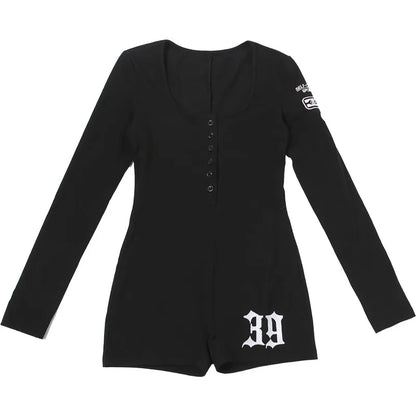 SylCue Letter Print Playsuits Woman Autumn Trend Single-Breasted Low-Neck Full Sleeve Street Skinny Stretch Casual Style Rompers