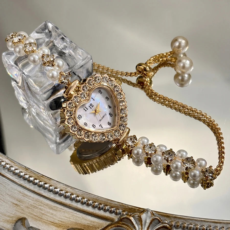 Elegant Heart-Shaped Watch with Double-Row Diamond Pearl Bracelet & Drawstring Closure