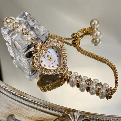 Elegant Heart-Shaped Watch with Double-Row Diamond Pearl Bracelet & Drawstring Closure