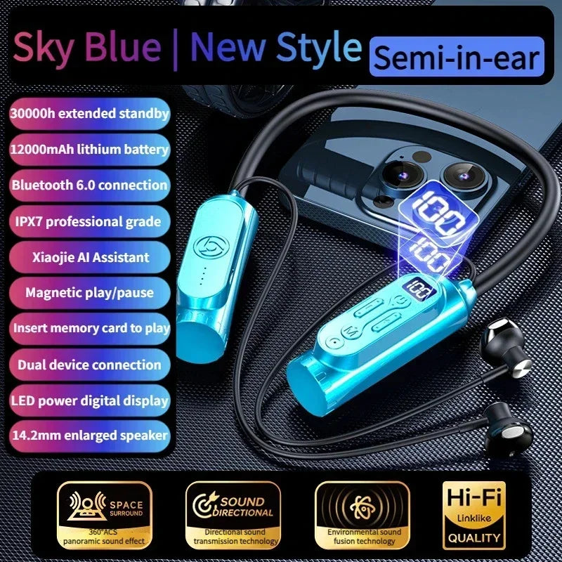 Earphones 12000mAh In-ear/Semi-in-ear Bluetooth Headset Magnetic Switch Pause Play Neck Hanging Dual Device Connection Earbuds