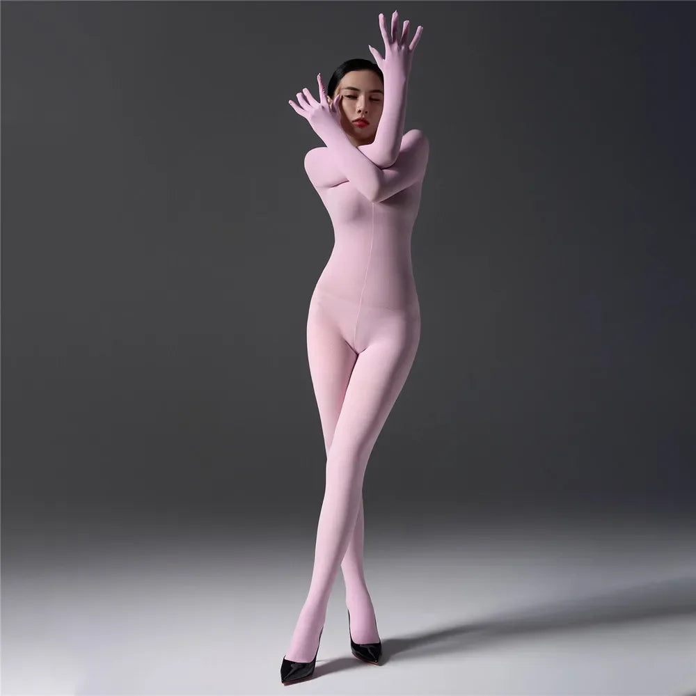 Sexy Women's Warm Full Body Bodysuit High Elastic Shaping Exotic Tights Sheer Cosplay Maid Leotard Long Sleeves Glove Jumpsuits