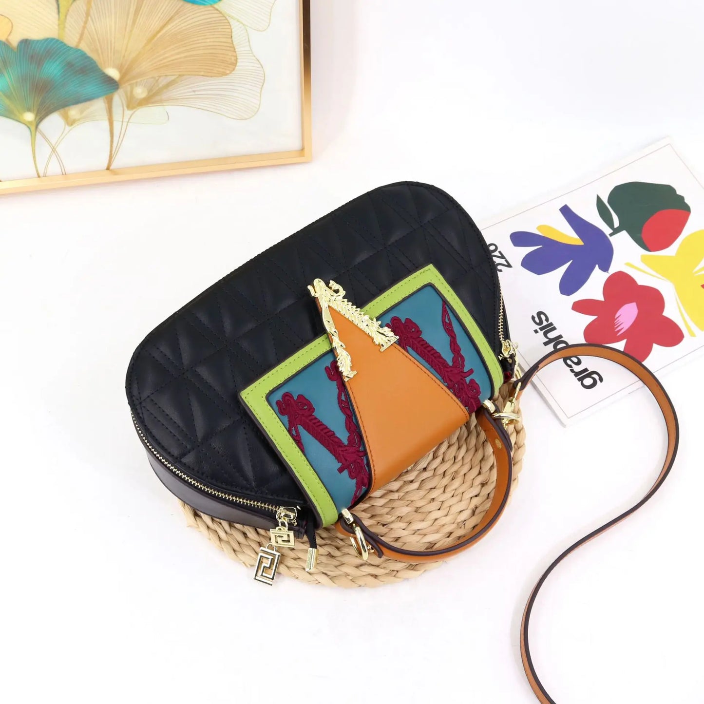 Luxury Women's Bag with V Ladies Leather Handbag Female Shoulder Bag Diamonds Crossbody Luxury Handbags Women Embroidery Bags