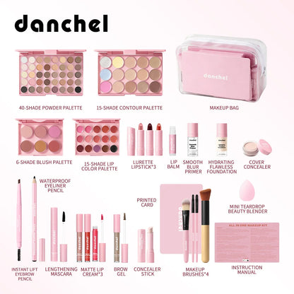 All-In-One Complete Makeup Kit Full Cosmetic Set for Women Includes Eyebrow Eyeliner Eyeshadow Blendable Portable Travel Daily Party Makeup for Beginners Ladies