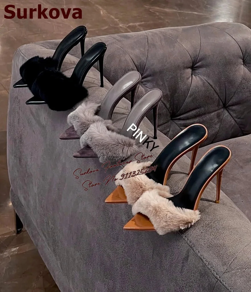 Surkova Sky Blue Black Luxury Fur Embellished Sandals Suede Thin High Heel Slippers Steel Tip Toe Slip-on Evening Shoes Size46