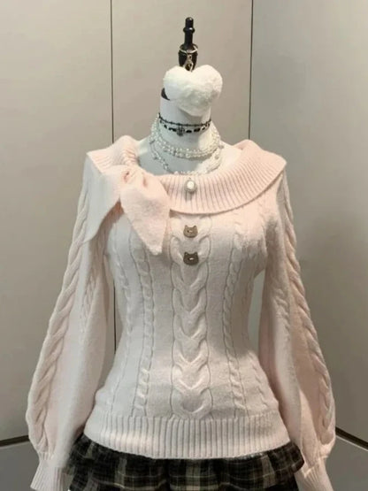 Sweet Daily Streetwear Japanese Women Slim Fit Off Shoulder Knit Jumper Soft Long Sleeve Fashion Pullover Sweater