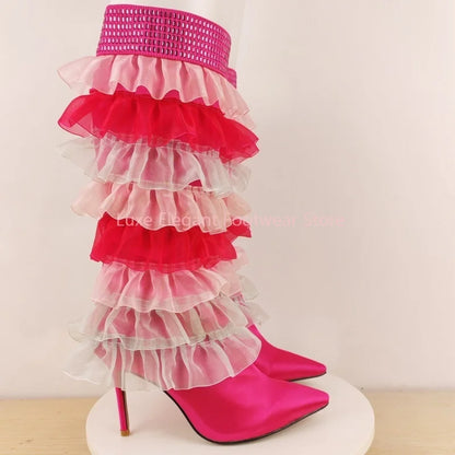 Pink Satin Tulle Ruffle Mesh Rhinestone Knee High Boots Women Back Zipper Pointed Stiletto Long Boots Sweet Lovely Party Boots