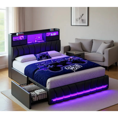 Platform Bed with Storage, Gaming Features and Charging Station, Leather Upholstered, Without Box Spring, Black