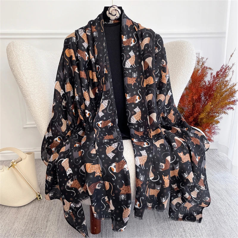 Autumn and Winter Travel Warm Cashmere Shawl Scarf Fashion Women Cat Print Pashmina Blanket Wraps Female Cute Poncho Bufanda