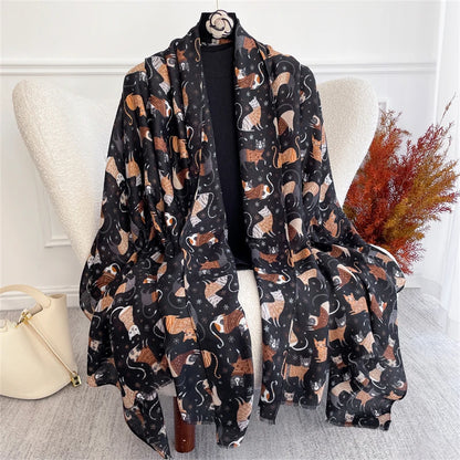 Autumn and Winter Travel Warm Cashmere Shawl Scarf Fashion Women Cat Print Pashmina Blanket Wraps Female Cute Poncho Bufanda