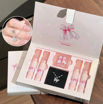 Art Value Butterfly Dance Color Box Four Lip Glaze Blush Set Necklace Lip Mud Blush Set