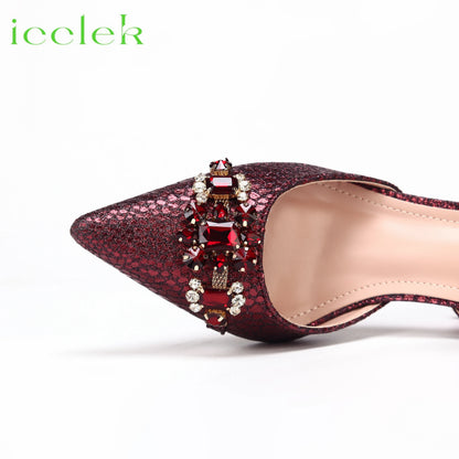 2025 New Elegant Nigerian Women’s Wine Color Heeled Shoes and Rhinestone Handbag Set Italian Design for Parties and Weddings