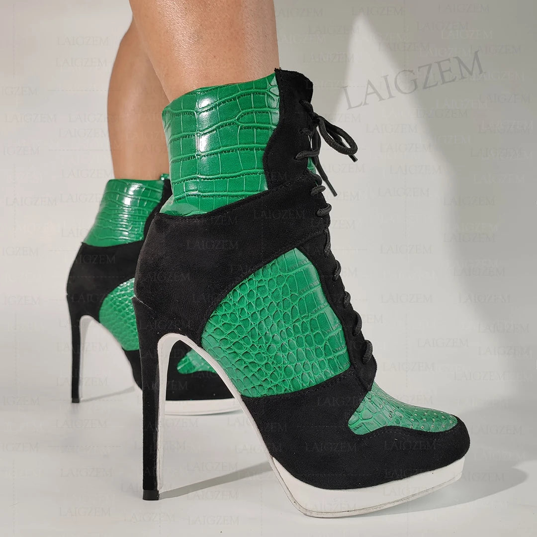 LAIGZEM Women Ankle Boots Round Toe Thin High Heels Lace Up Short Boots Patchwork Ladies Shoes Woman Big Size 38 41 43 45 52