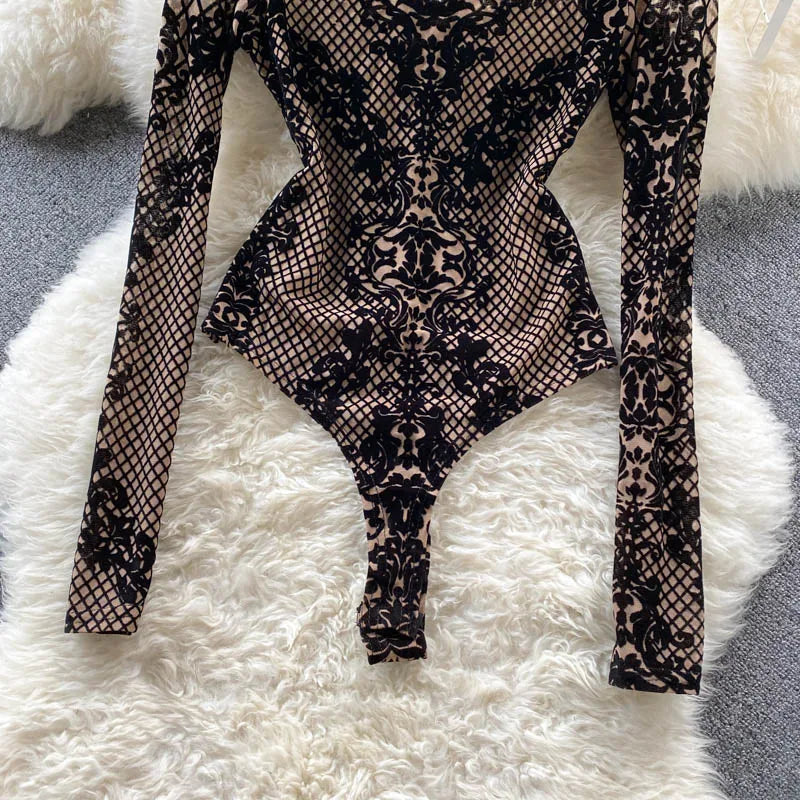 SINGREINY Fashion Women Velvet Slim Playsuits Long Sleeves Vintage Bodycon Rompers Streetwear Y2K Ins Chic Mesh Sexy Bodysuits