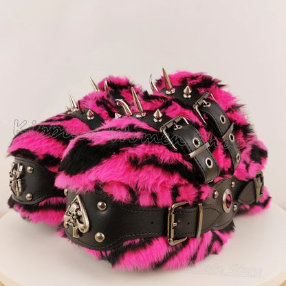 Furry Sandals Platform Rock Novelty Round Toe Thick Bottom Spicy Girl Shoes Punk Rivets Slipper Fashion Luxury Elegant Concise