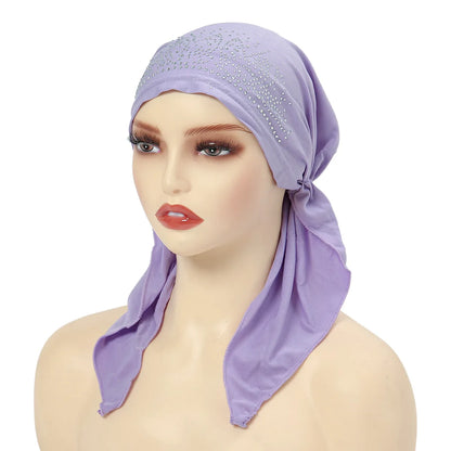 Fashion Muslim Headscarf Hat for Women Thin Summer Inner Hijab Caps Solid Color Diamond Turban Bonnet India Headwrap