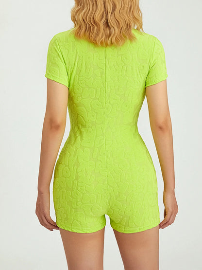 Women Y2K Furry Letter Pattern Button Front Romper Jumpsuit Casual Collared Short Sleeve Bodycon Romper Jumpsuit Pjs Sleepwear