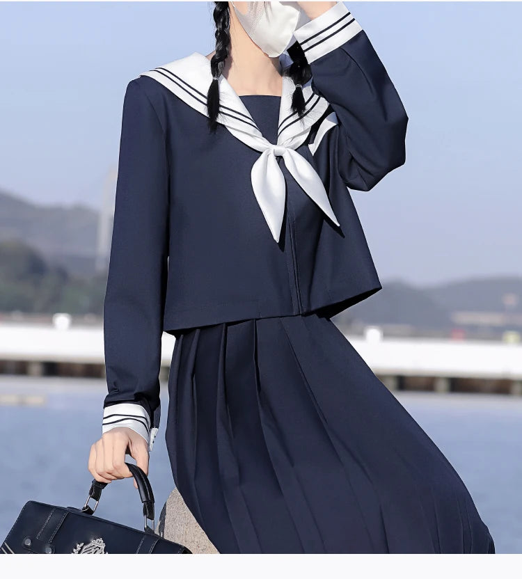65cm longuette JK Uniform Sets Japanese Women girls uniform dark blue Short/long Sleeve School Uniforms Sailor Pleated Skirt