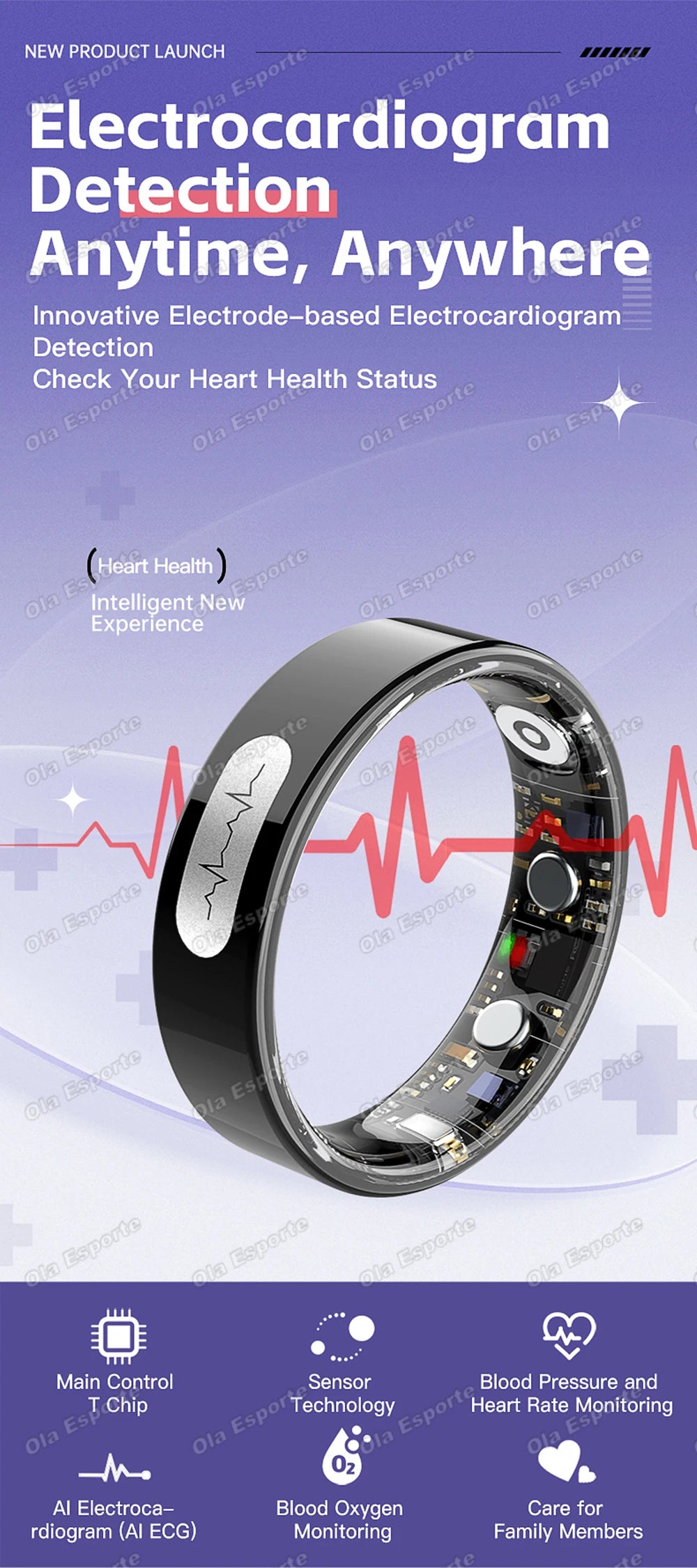 AI ECG Detection Smart Ring 2026 Blood Pressure Heart Rate Body Temperature Monitoring 5ATM Waterproof Multiple Sport Smartring