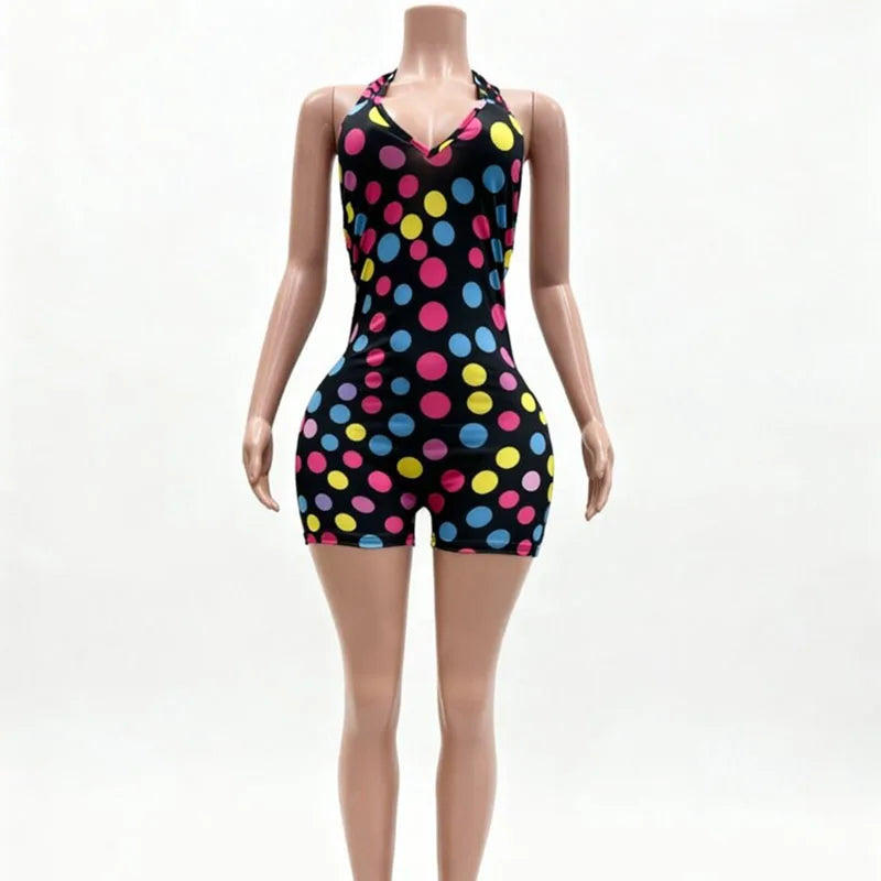Doyerl Polka Dot Short Jumpsuits for Woman Summer Clothes 2026 Halter V-neck Backless Sleeveless Skinny One Piece Playsuit Mono