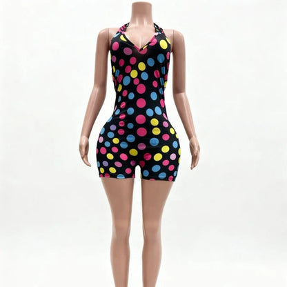 Doyerl Polka Dot Short Jumpsuits for Woman Summer Clothes 2026 Halter V-neck Backless Sleeveless Skinny One Piece Playsuit Mono