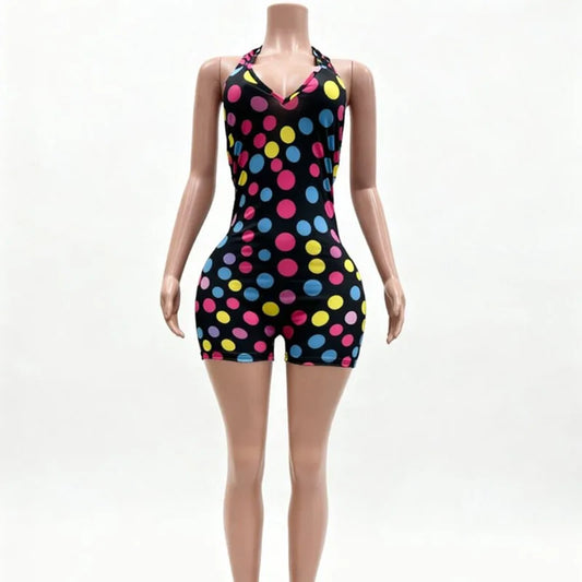 Doyerl Polka Dot Short Jumpsuits for Woman Summer Clothes 2026 Halter V-neck Backless Sleeveless Skinny One Piece Playsuit Mono