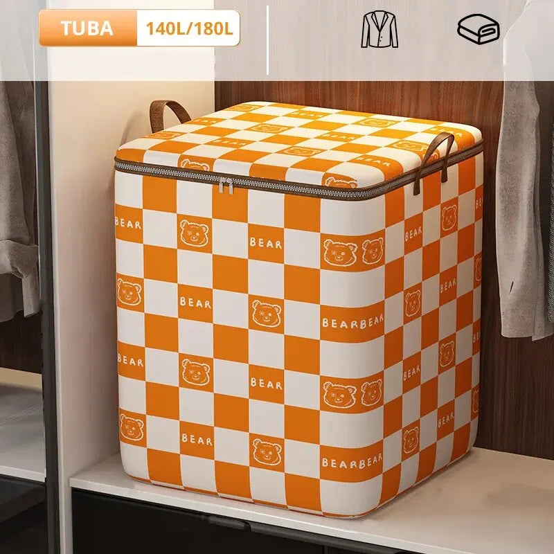 Portable Large Capacity Quilt Storage Bag Cute Bear Plaid Pattern Clothes Organizer Perfect Home Moving Storage Bag
