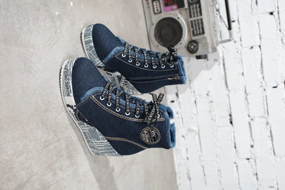 Women's Wedge Sneakers High Top Round Toe Denim-Look Lace-Up Side Zipper Letter Print Detail Casual Platform Ankle Boots 2026