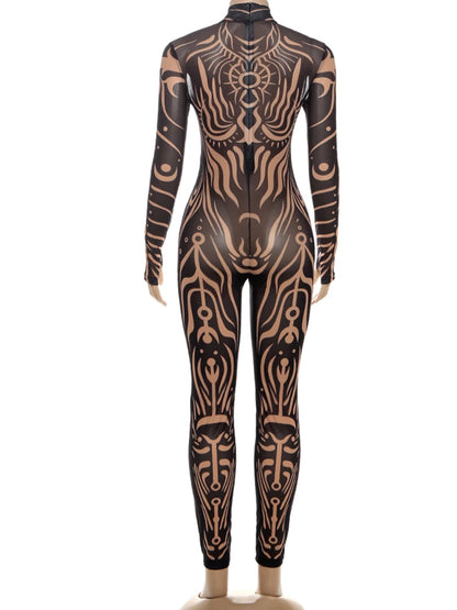 Weird Puss Sexy Striped Print Jumpsuits Women Wild Style Turtleneck Full Sleeve Midnight Party Club Stretch Streetwear Overalls