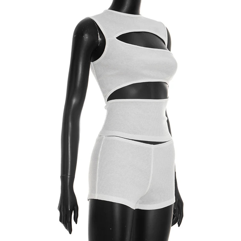 Chic Women Black Round Neck Sleeveless Cut Out Tank Top and Shorts Set for Casual Sexy Party