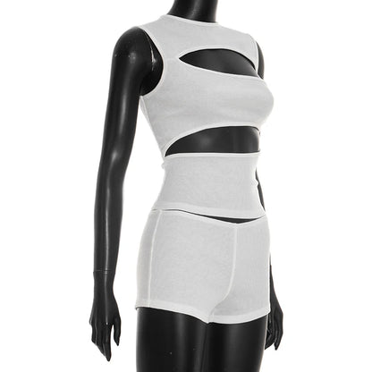 Chic Women Black Round Neck Sleeveless Cut Out Tank Top and Shorts Set for Casual Sexy Party