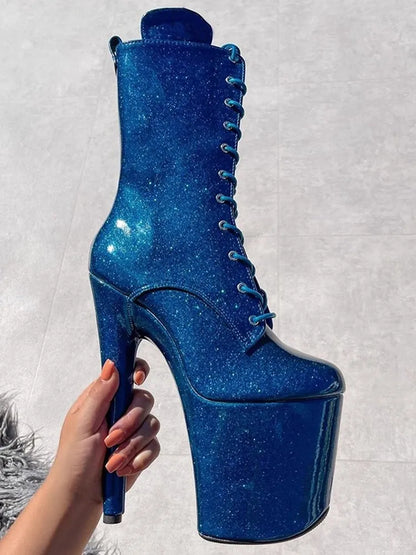 20CM/8Inch Bling Pole Dance Boots Woman Glossy Patent leather Red lace-up Nightclub Shoes Extreme high heel Platform Short Boots