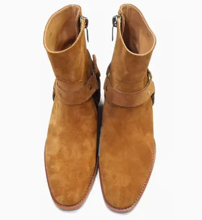 Brown Men Chelsea Boots Handmade High-quality Cow Suede Business Casual Square Toe Mid-heel Men Shoes Motorcycle Boots With Heel