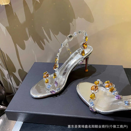 New silver rhinestone transparent straight strap sandals with slim heels and exposed toes, fashionable and stylish crystal shoes