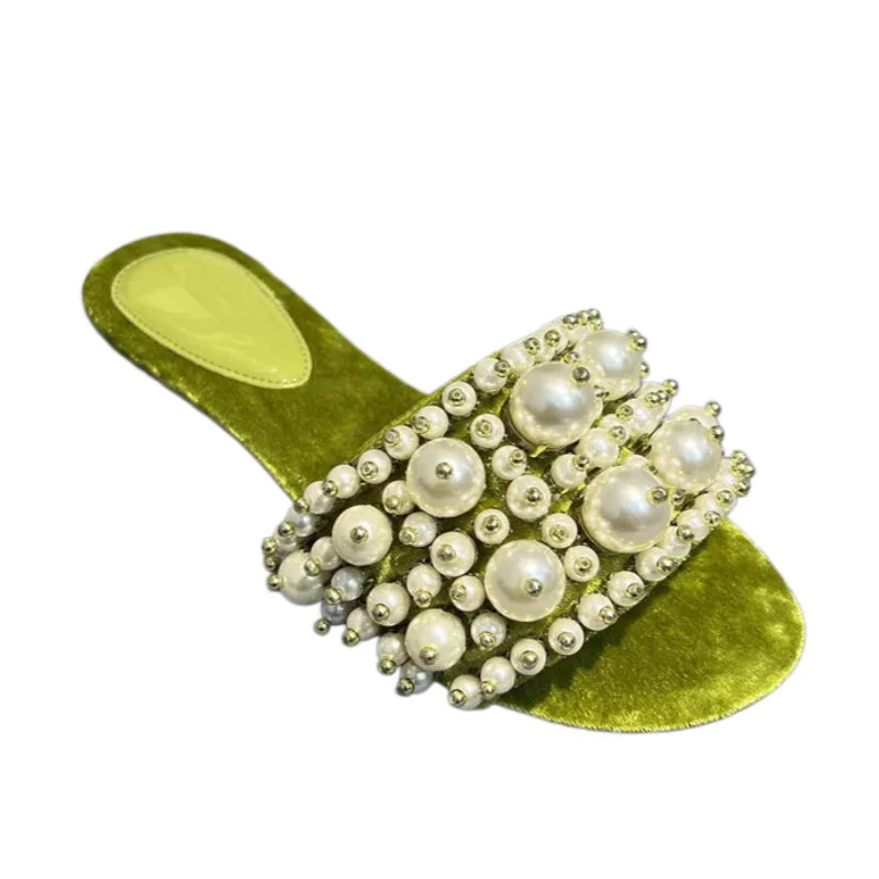 Outdoor Slippers Pearl Decor Flat Slippers Women Flannel Open Toe Slides Slip On Luxury Sandals Elegant Comfortable Summer Shoes