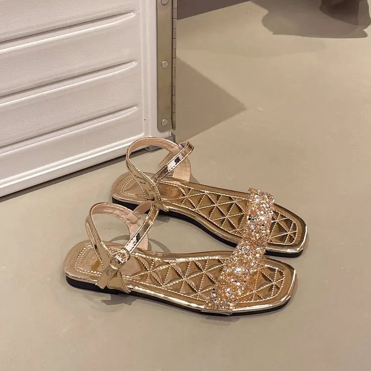 Luxury Crystal Square Toe Sandals Elegant Peep Toe Flat Slides Summer Fashionable Beach Shoes for Women