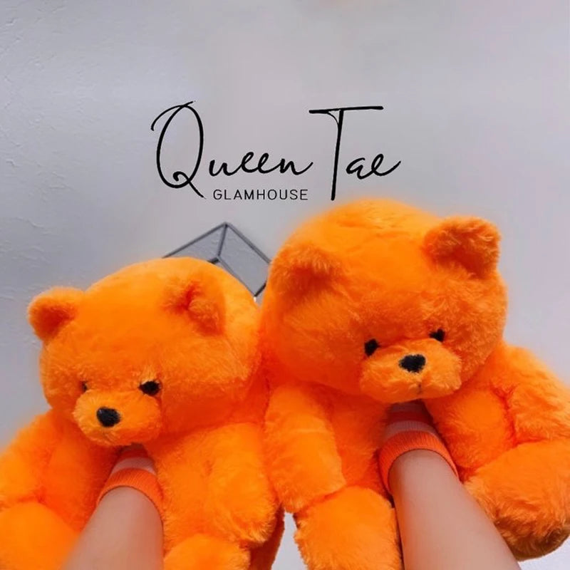 Cute Teddy Bear Plush Winter Slippers, Wrapped Heel Funny Indoor Floor Shoes, Women Gift, Warm Soft Cartoon Fluffy Animal Slippe