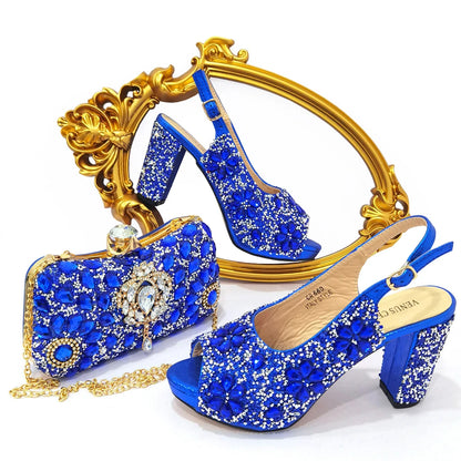 Summer Italian Latest Design Ladies Luxury Rhinestone High Heel Shoes and Bag Set To Go To Wedding Christmas Party Wear