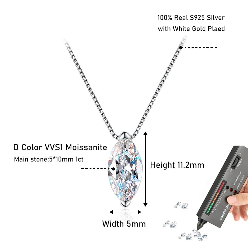 Tezzc 1ct Moissanite Necklaces for Women Marquise Shape Pendant s925 Silver with Gold Plated Party Necklace Chain Jewelry