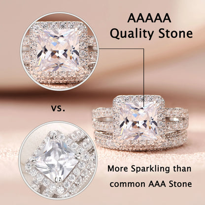 Newshe 2Pcs Solid 925 Sterling Silver Wedding Rings for Women Bridal Set 8*8mm 3CT Princess Cut 5A Cubic Zircon Fine Jewelry