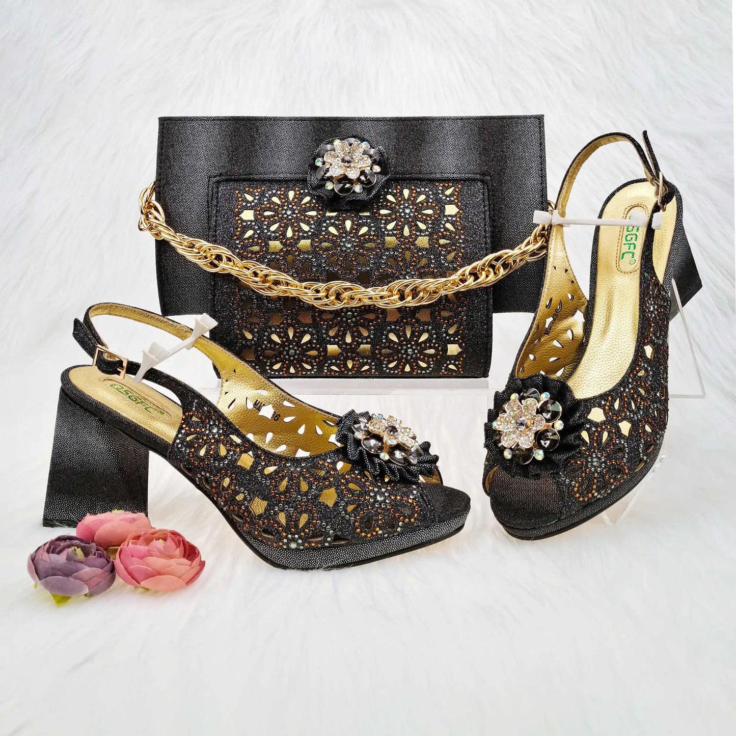 Mature Style Women Shoes and Bags Set 2023 Spring New Design Rose Gold Color Italian Sandals with Shinning Crystal for Party