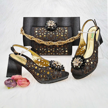 Mature Style Women Shoes and Bags Set 2023 Spring New Design Rose Gold Color Italian Sandals with Shinning Crystal for Party