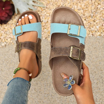 Women's Luxury Metal Buckle Decorated Slippers New Retro Thick-Soled Casual Shoes Summer Outdoor Vacation Beach Slippers Size43