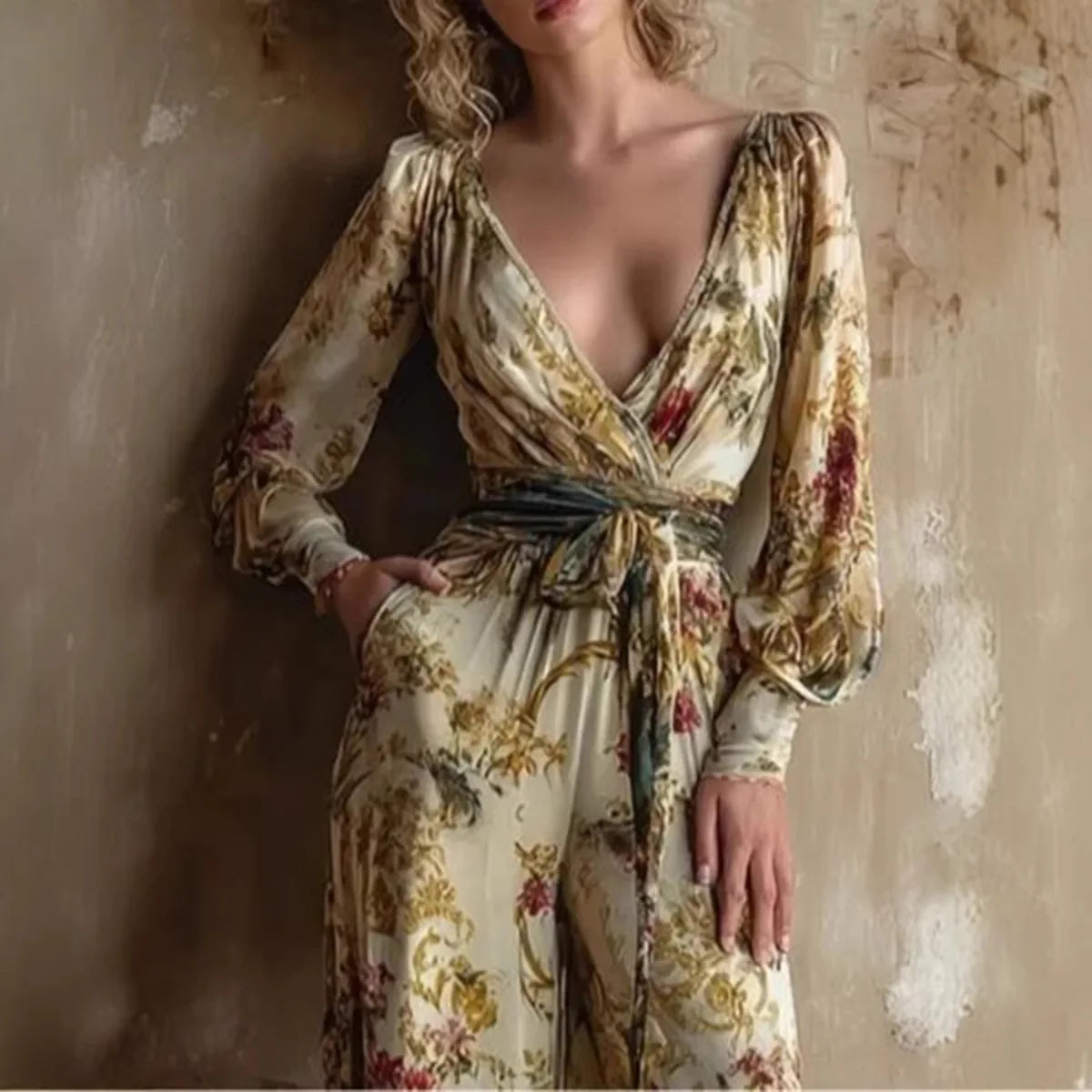 Women's Vintage Print Jumpsuits Fashion Sexy V-neck High Waist Leace-up Wide Legs Jumpsuit Lady Commuting Clothing 2026 New
