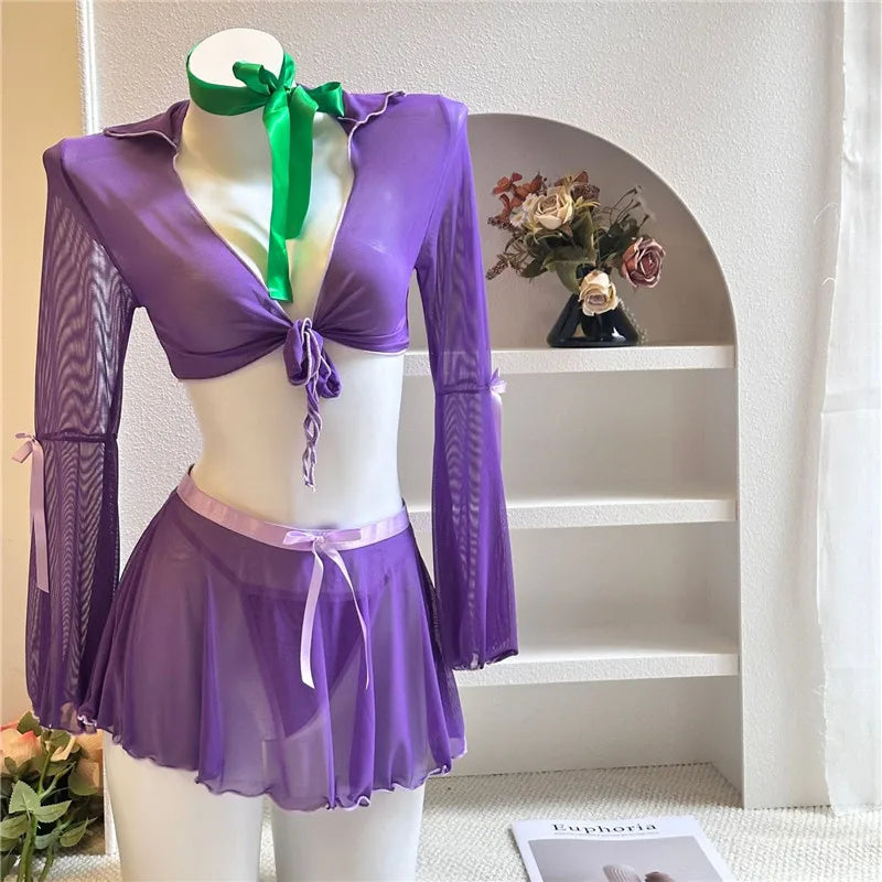 Women Halloween Daphne Sheer Mesh 4 Piece Outfit Front Tie Crop Top Flare Sleeve Mini Skirt Briefs Scarf Party Cosplay Costumes